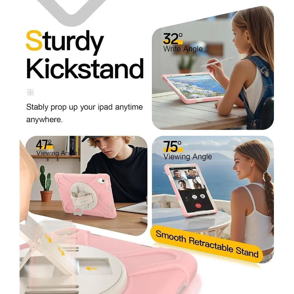 BRAECN iPad 10th 11th Gen10.9 Case Heavy Duty Shockproof Handle Stand Strap Pink